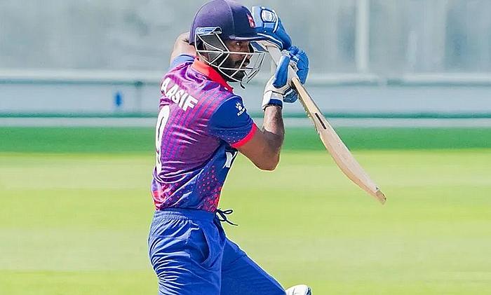 Image featuring the text 'ICC CWC League 2 Prediction: Namibia vs Nepal' against a cricket-themed background.